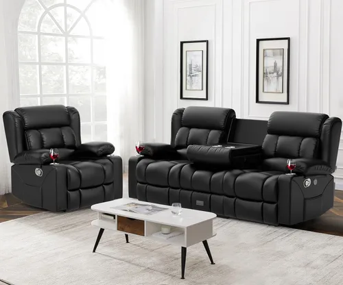 Miniatura 27 de Dresegmt - Juego de sofá reclinable con consola de almacenamiento, diseño de respaldo central abatible, sofá de piel sintética y sillón reclinable