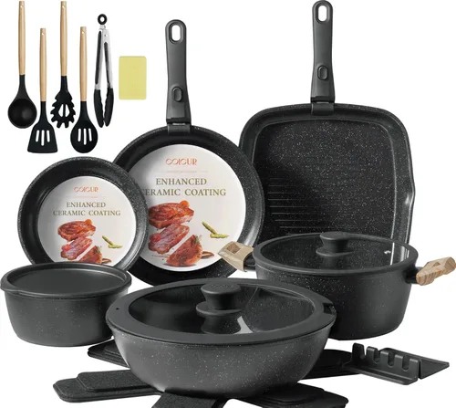 Juego de utensilios de cocina de cerámica de 23 piezas antiadherente, ollas y sartenes antiadherentes no tóxicas con mango desmontable, juego de