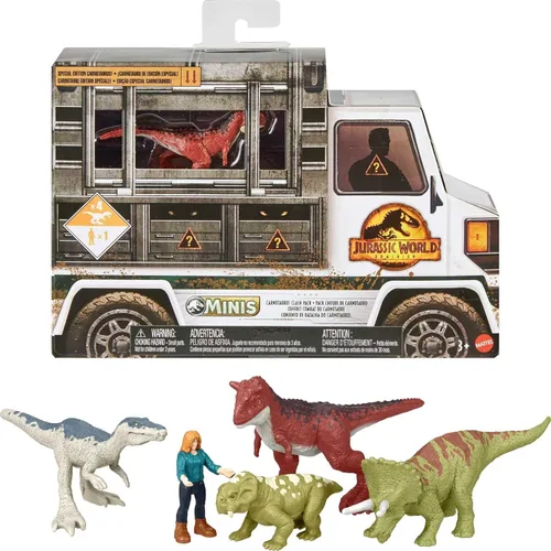 Mattel Jurassic World Dominion Carnotaurus Clash Pack, 5 mini juguetes que incluyen 1 figura humana y 4 dinosaurios en paquete temático de camión