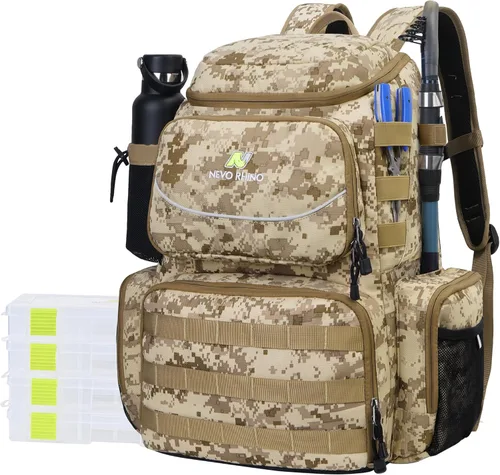 Miniatura 9 de N NEVO RHINO Mochila de aparejos de pesca con soportes para caña, bolsa de pesca grande de 40 L con cubierta impermeable para lluvia, bolsa