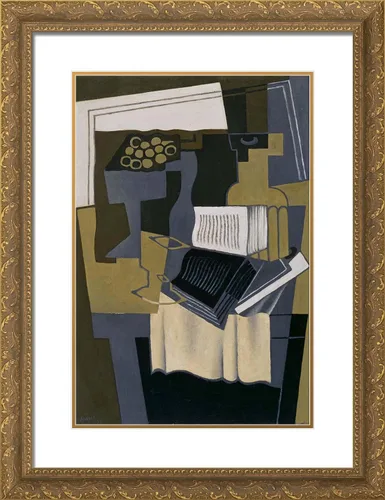 ArtDirect Gris, Juan 19x24 Gold Ornate Framed Art Print with Double Matting Titled: Grapes Glass and Book Gold Ornate Wood Frame with Double Matting
