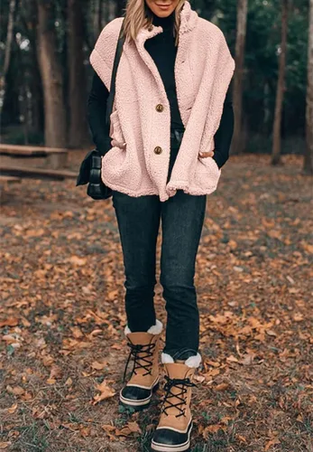 Miniatura 19 de Hongqizo - Chaleco de forro polar mullido para mujer, casual, de gran tamaño, cálido, con botones, chaqueta de sherpa con bolsillos