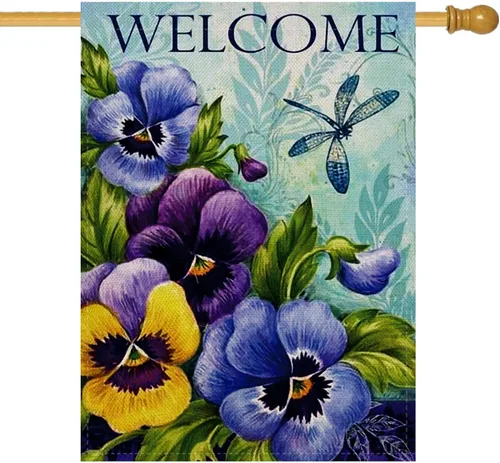 Furiaz Bandera decorativa vintage de bienvenida para casa grande de primavera de doble cara, diseño floral de arpillera para el hogar, libélula azul