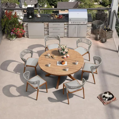 Miniatura 40 de PURPLE LEAF Juego de comedor redondo de 5 piezas de gran tamaño, marco de aluminio y mimbre de ratán para patio, mesa y sillas con cojines
