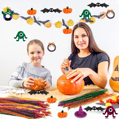 Miniatura 7 de UPINS - 570 piezas de limpiadores de tubería para Halloween, suministros para manualidades que incluyen 270 piezas de tallos de chenilla de 9 Negro