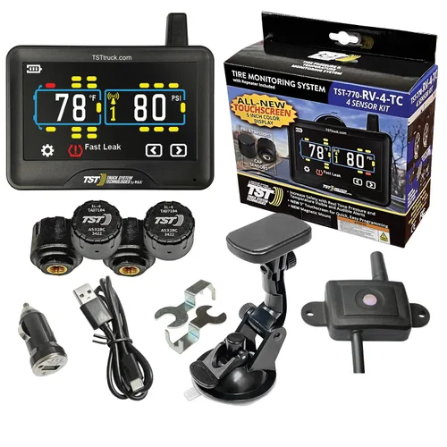 TST Serie 770 TPMS - Sistema de monitoreo de presión de neumáticos RV con 4 sensores de tapa y monitor de pantalla táctil a color de 5 pulgadas para