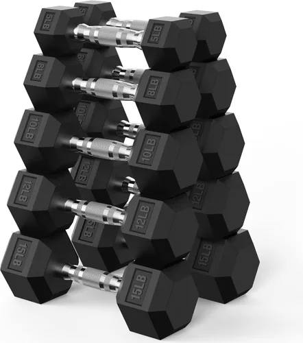 Miniatura 10 de PAPABABE Juego de mancuernas hexagonales de 45 a 550 libras, mancuernas de gimnasio en casa con revestimiento de goma, mancuernas para mujeres