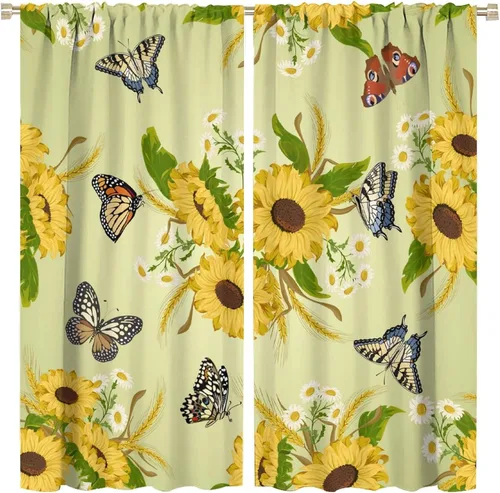 Miniatura 19 de Cortinas opacas de girasol, diseño natural, de granja, floral, con bolsillo para barra, para ventana, para dormitorio, sala de estar, 42 x 45