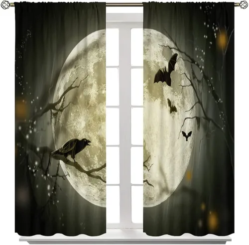 Miniatura 8 de Cortinas de luna llena de Halloween, gótica, noche de Halloween, estampado de murciélago negro, cuervo, tratamiento de ventana para el hogar, niños
