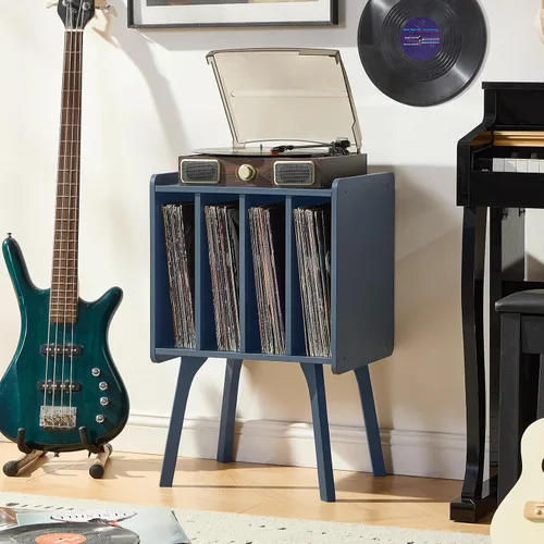 Miniatura 5 de LELELINKY Soporte para tocadiscos, mesa de almacenamiento de discos de vinilo con 4 gabinetes de hasta 100 álbumes, soporte para tocadiscos moderno