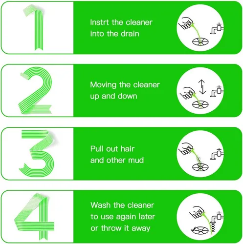 Miniatura 8 de 5 en 1 compatible con drenaje de pelo de serpiente con 5 paquetes de herramienta de limpieza para eliminar obstrucciones (verde)