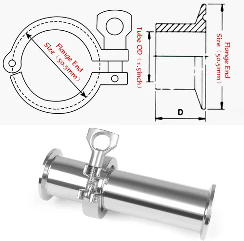 Miniatura 6 de Tubo de abrazadera triple de 1.5 pulgadas Tubo OD de bobina sanitaria Longitud de tubo de 2 pulgadas Extremo de abrazadera OD 50.5mm Tubo redondo