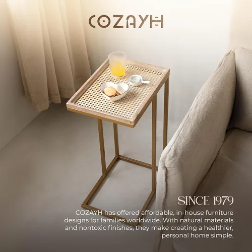 Miniatura 6 de COZAYH Mesa auxiliar de sofá en forma de C de granja con bandeja tejida de madera rústica y metal y marco de metal, mesa auxiliar para sala de Negro