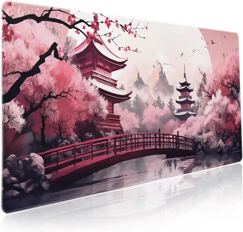 Miniatura 48 de Alfombrilla de ratón rosa y verde anime geométrica japonesa extendida para escritorio 90X40 CM, base de goma antideslizante, borde cosido