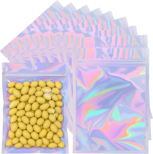 50 bolsas holográficas de Mylar de 5.5 x 7.8 pulgadas, bolsa resellable con cremallera, bolsas a prueba de olores para embalaje, muestras de brillo