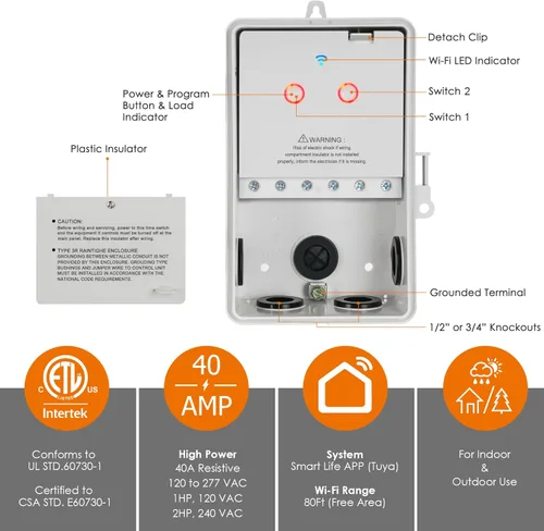 Miniatura 2 de Suraielec Temporizador de piscina WiFi dual, interruptores individuales de 120/277V, 40 amperios, temporizador inteligente resistente de 1HP/2HP