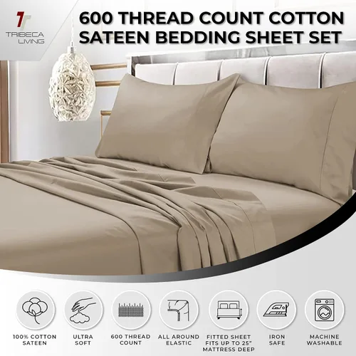 Miniatura 3 de Tribeca Living Juego de sábanas, sábanas y fundas de almohada de satén de algodón egipcio suave, bolsillo extra profundo, 600 hilos, ropa de cama