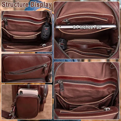Miniatura 4 de Bolso bandolera de cuero genuino para hombre, bolso cruzado grande, bolso de hombro casual, mochila antirrobo, bolsa de viaje en el pecho