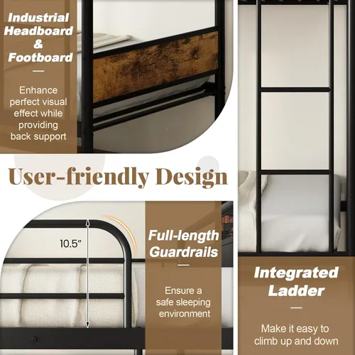 Miniatura 5 de Giantex Litera de metal individual sobre cama individual con nido, literas industriales individuales con escalera y barandillas de longitud