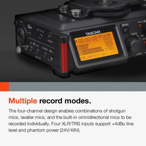 Miniatura 3 de TASCAM Grabadora de audio portátil de 4 canales para videógrafos, 4 entradas XLR/TRS combinadas, 2 micrófonos internos, limitador, filtro HP (DR-70D)