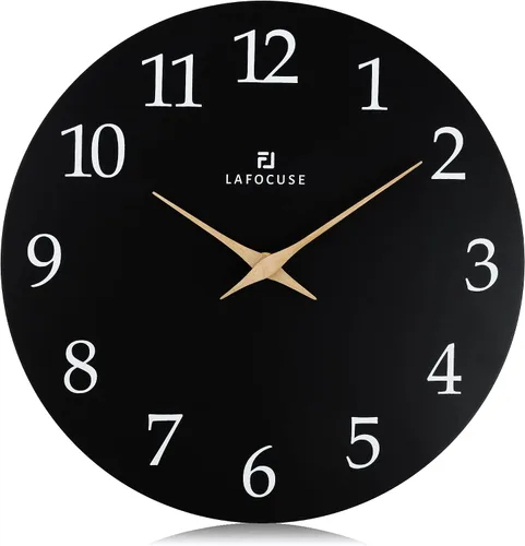 Lafocuse Reloj de pared negro de madera de 12 pulgadas, funciona con pilas, silencioso, sin tictac, moderno reloj de pared simple para decoración de