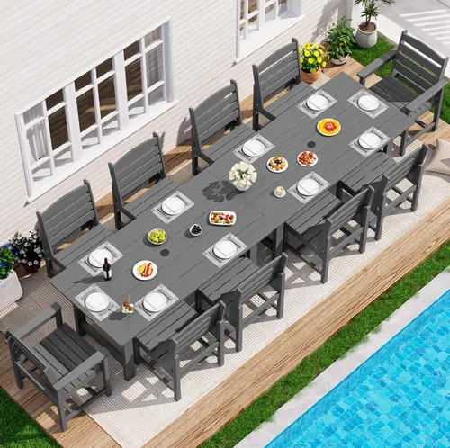 Miniatura 55 de SERWALL Juego de Mesa de Comedor de HDPE para Exteriores, Juego de 7 Piezas de Mesa de Comedor al Aire Libre con Mesa con Corte para Agujero de Gris