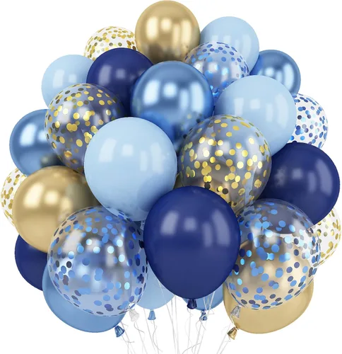 Miniatura 16 de Set de globos azul polvo, 60 paquetes de 12 pulgadas de globos metálicos dorados cromados, azul macarrón, azul océano, blanco arena, confeti