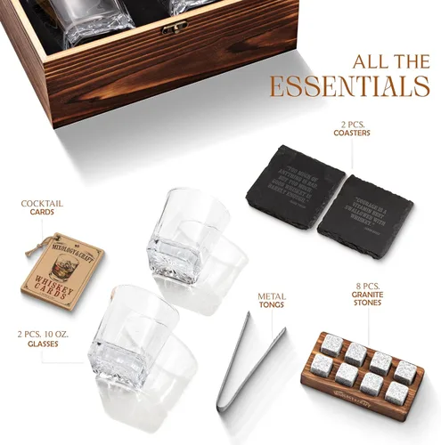 Miniatura 5 de Mixology & Craft Juego de regalo de piedras de whisky, dos vasos de whisky de cristal de 10 onzas, 8 rocas frías de granito, 2 posavasos de pizarra