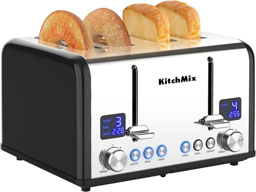 Tostadora de 4 rebanadas, tostador de panecillos de acero inoxidable KitchMix con temporizador LCD, ranuras extra anchas, pantalla dual, bandeja