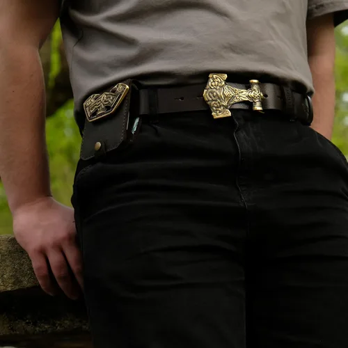 Miniatura 5 de Leather belt with Thor Hammer buckle, Scandinavian Old Norse Viking Mjolnir solid brass belt buckle on 1.5" or 1.8" leather strap