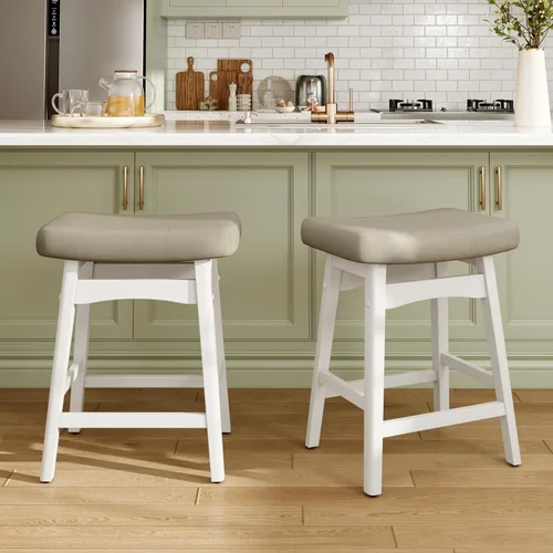 Miniatura 19 de MAISON ARTS Juego de 4 taburetes de bar grises para encimera de cocina, patas de madera maciza con asiento de silla de montar de piel sintética