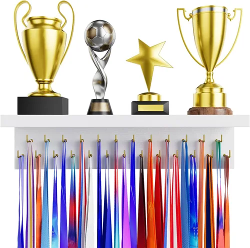 Miniatura 12 de Soporte para Medallas y Organizador de Estante para Trofeos, Soporte Robusto de Madera para Premios de Carreras con 25 Ganchos de Acero, Soporte