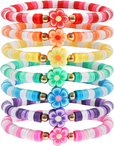 Miniatura 9 de Juego de pulseras heishi arcoíris estilo surfista para mujer, juego de pulseras apilables de cuentas de arcilla, pulseras elásticas con disco