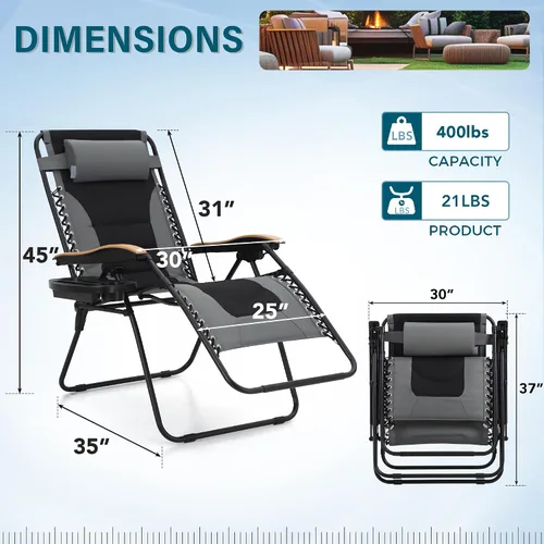 Miniatura 3 de MFSTUDIO Sillas Zero Gravity, silla reclinable de gran tamaño para patio, silla plegable acolchada con bandeja portavasos, soporta 400 libras