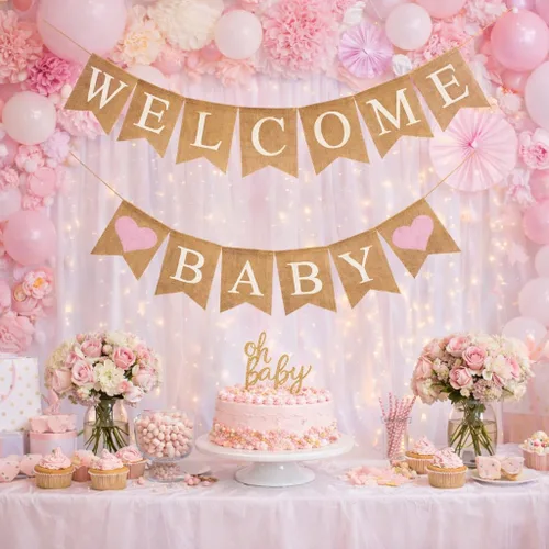 Miniatura 3 de Cartel de arpillera de bienvenida para decoración de baby shower y fiesta de revelación de género (corazones rosa claro)