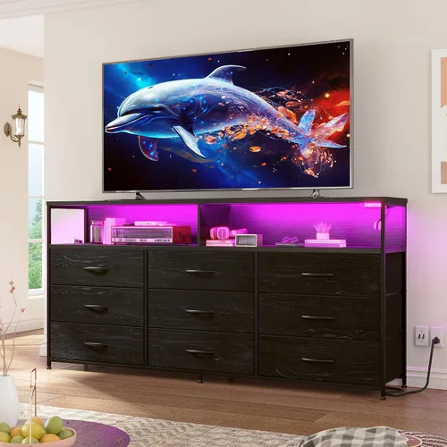 Miniatura 9 de Cómoda negra de 55 pulgadas de ancho para dormitorio con estación de carga y luz LED, soporte de TV de 65/55/50 pulgadas con 9 cajones de tela