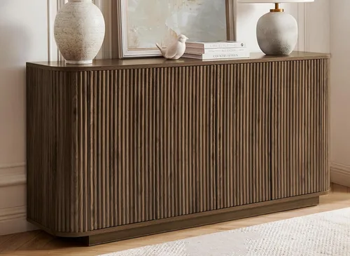 Miniatura 12 de LKTART Aparador de 64 pulgadas con almacenamiento, armario de almacenamiento de madera acanalada, aparador Credenza con estantes ajustables, resorte