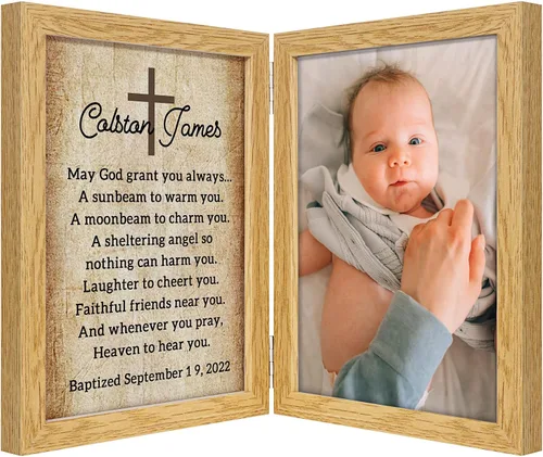 Regalo de bautismo personalizado para bebé, marco de fotos personalizado, poema de bendición en marco de fotos doble de 5 x 7 pulgadas, regalo