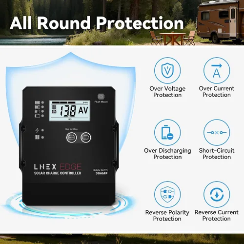 Miniatura 6 de LNEX Controlador de carga solar con diseño de montaje empotrado, carga de 6 etapas con pantalla LCD 12V/24V controlador PWM automático 30A