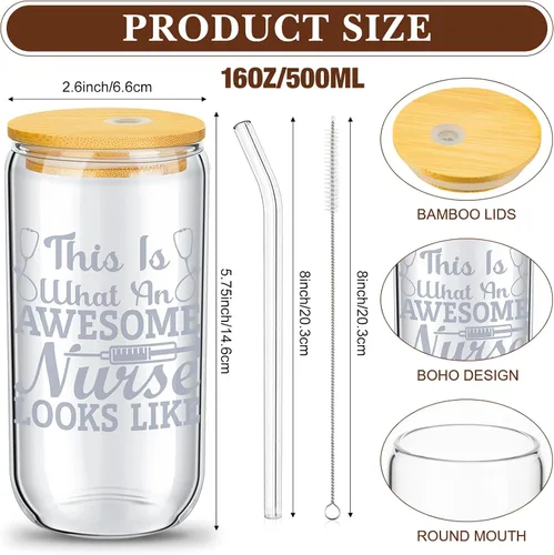 Miniatura 2 de Juego de 6 vasos de vidrio con forma de lata de 16 onzas con tapas y pajitas de bambú, regalos de graduación de escuela de enfermería para mujeres