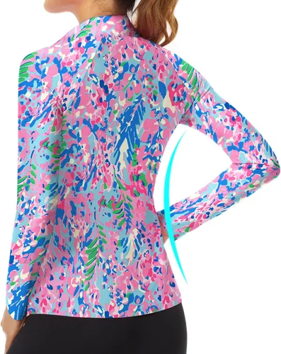 Miniatura 13 de WOWENY Camiseta deportiva de manga larga para mujer, con cremallera de un cuarto, cuello para entrenamiento, camiseta de tenis con estampado