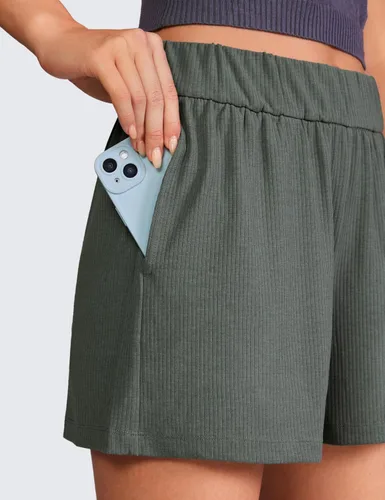 Miniatura 4 de CRZ YOGA Cómodos pantalones cortos acanalados para mujer, de cintura alta, lyocell para uso casual, para descansar, atlético, con bolsillos