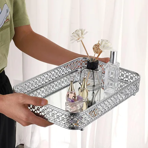 Miniatura 7 de ELLDOO Bandeja para Espejo de Perfume de Tocador, Bandeja de Maquillaje, Organizador de Joyería Tallado en Hueco, Bandeja de Almacenamiento de Plata