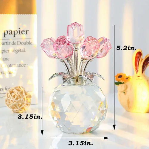 Miniatura 2 de YWHL Figurilla de Flor de Rosa Rosa de Cristal Hecha a Mano con Jarrón Redondo, Regalos de Rosas para Novia, Esposa, Hermana, Regalos Románticos
