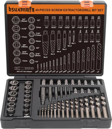 Juego de 49 piezas de extractores de tornillos y pernos con juego de brocas de taladro levógiras, herramientas extractoras Multi-Spline de fácil