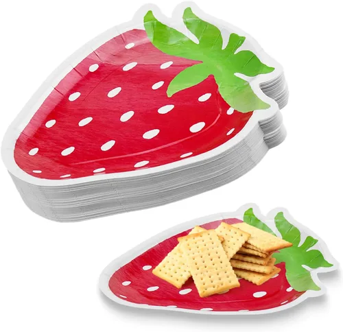 Platos en forma de fresa, delicados y encantadores, decoraciones de fiesta de fresa adecuadas para fiestas, cumpleaños de bebé (24 juegos)