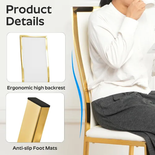 Miniatura 5 de Juego de 4 sillas de comedor modernas, de piel sintética blanca con patas de metal cromado dorado, diseño de respaldo alto curvo y acolchado