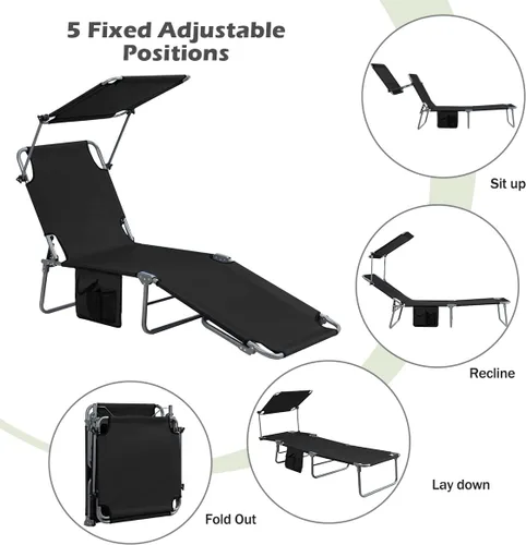 Miniatura 4 de Giantex Silla bronceadora, tumbona de patio con 5 posiciones ajustables, toldo de sombra, bolsillo de almacenamiento, cuna de campamento, sillón