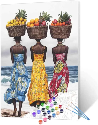 Miniatura 38 de Pintura de niña afro a la moda, kits de pintura por números, 16 x 20 pulgadas, lienzo de hojas tropicales, pintura al óleo para niños y adultos