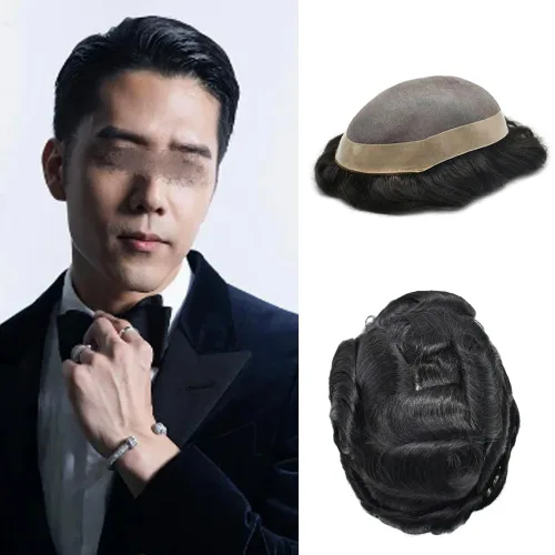 Miniatura 24 de Toupee - Sistema de reemplazo de cabello humano para hombre, encaje mono fino, tupé, piel de poliéster NPU alrededor de la pieza duradera